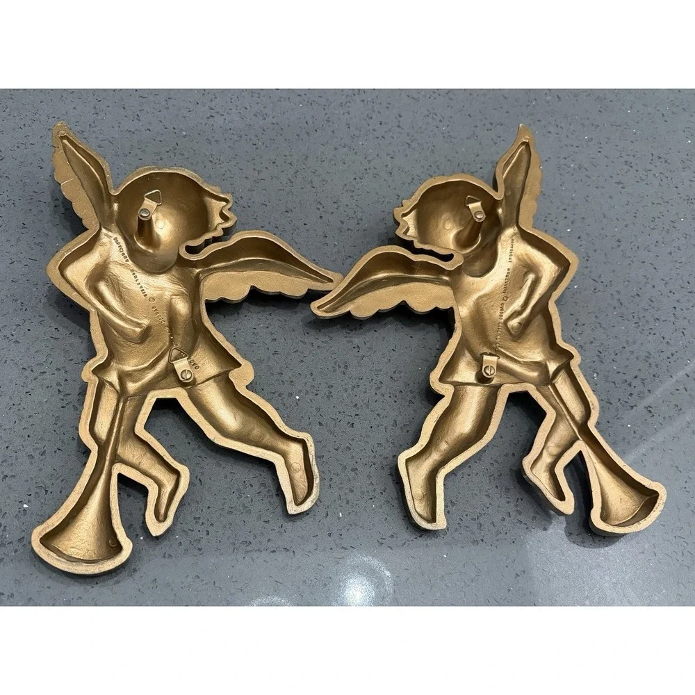 Vtg Cherubs Angels Wall Hanging Decor Gold Playing‎ Horn Set of 2